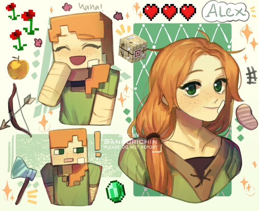 1girl :d alex_(minecraft) closed_mouth collarbone commentary cropped_torso english_commentary freckles green_eyes hair_over_shoulder happy highres humanization light_smile long_hair looking_at_viewer minecraft orange_hair smile teachiialt upper_body