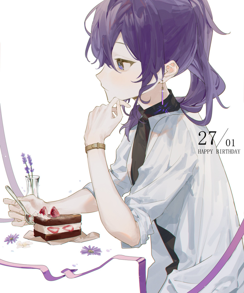1girl absurdres asahina_mafuyu black_shirt cake cake_slice closed_mouth commentary dated earrings flower food fork fruit happy_birthday highres jewelry lingjiu_yuki long_hair ponytail project_sekai purple_flower purple_hair purple_ribbon ribbon shirt solo strawberry turtleneck upper_body violet_eyes watch watch white_background