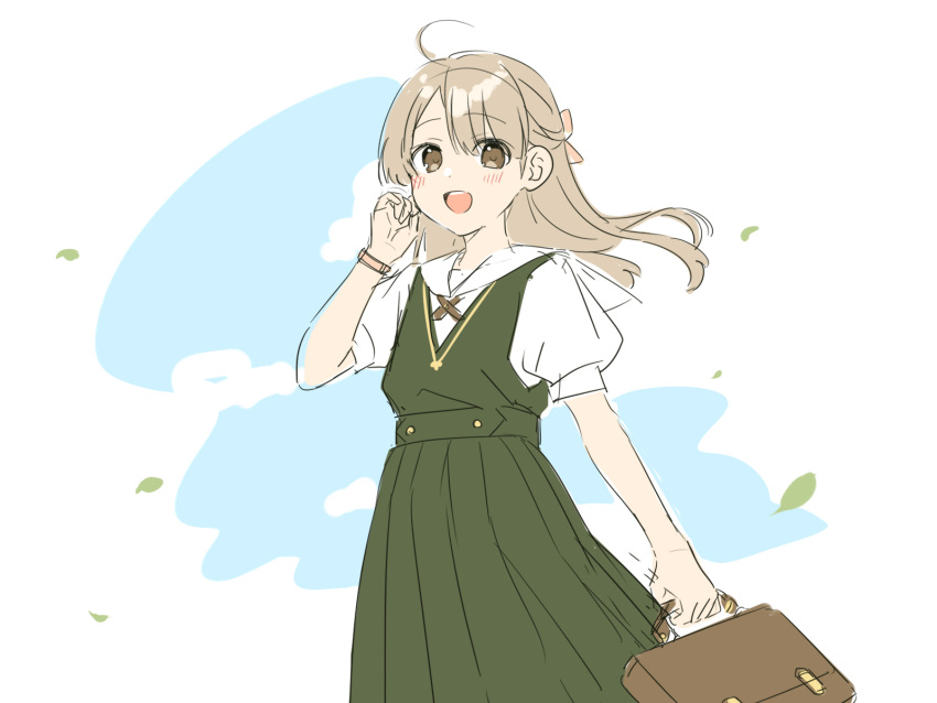 1girl :d ahoge blush brown_eyes brown_hair dress floating_hair green_dress highres holding kisaragi_hina long_hair looking_at_viewer open_mouth original parted_bangs pinafore_dress pleated_dress puffy_short_sleeves puffy_sleeves school_briefcase school_uniform shirt short_sleeves sleeveless sleeveless_dress smile solo white_background white_shirt
