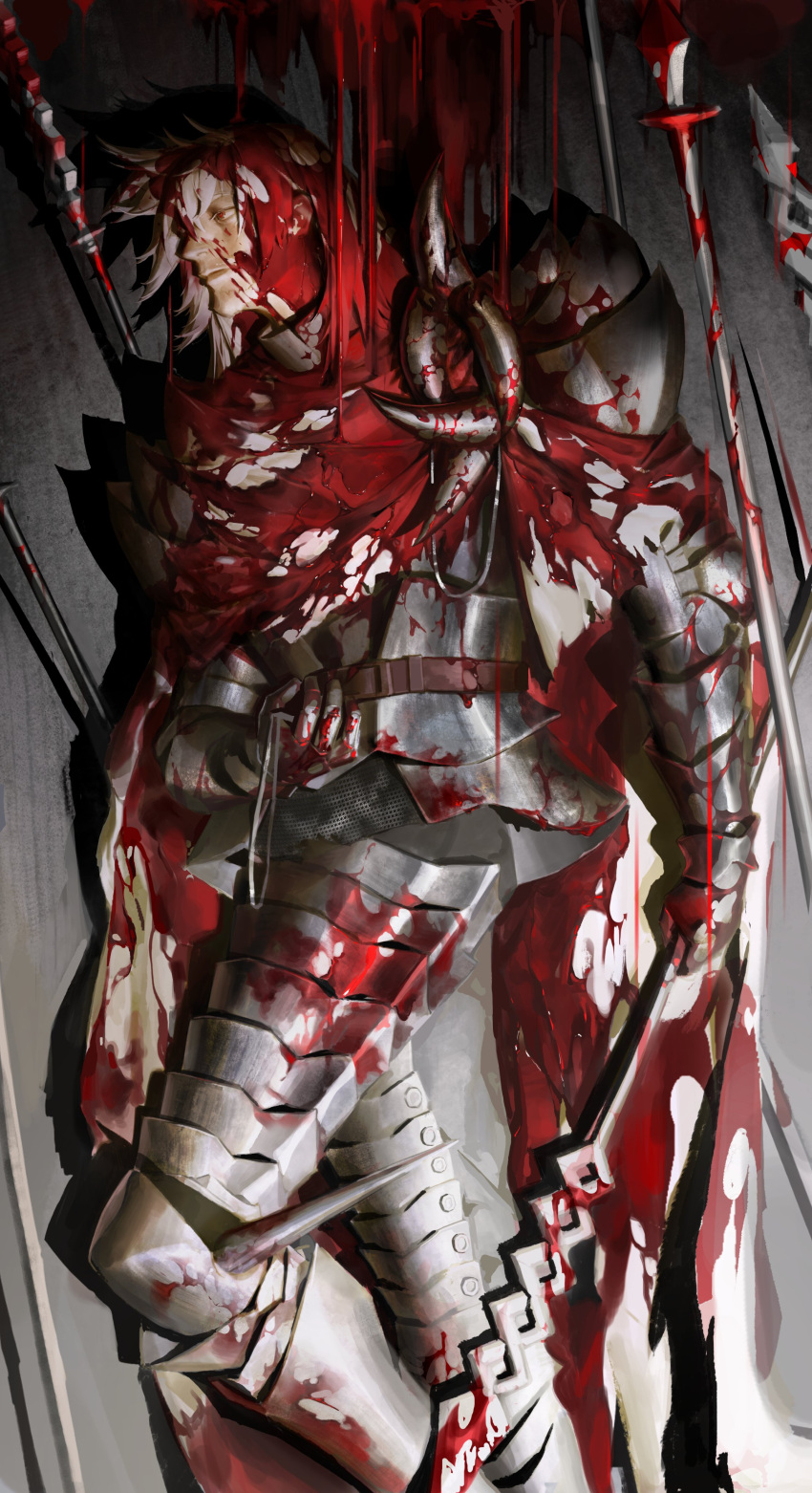 024_(1a41a4) 1boy absurdres armor beard blood blood_on_armor blood_on_face blood_on_hands blood_on_weapon cape facial_hair fate/extra fate/grand_order fate_(series) full_armor highres holding holding_polearm holding_weapon lance long_hair male_focus old old_man polearm profile red_eyes spikes vlad_iii_(fate/extra) weapon white_hair