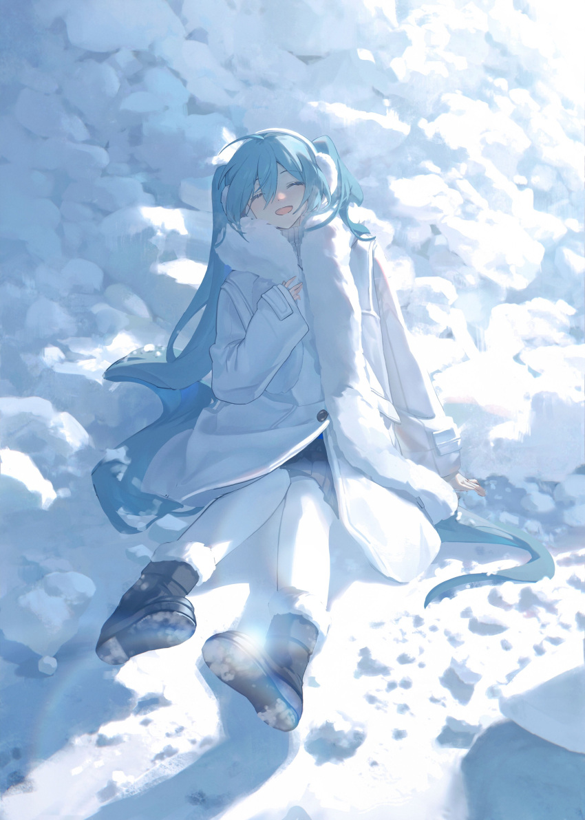 1girl :d absurdres arm_rest black_footwear black_skirt blue_hair blush boots closed_eyes day earmuffs facing_viewer fur-trimmed_jacket fur_trim hair_between_eyes hairband hand_on_own_chest hatsune_miku highres jacket knees_together_feet_apart konya_karasue long_hair long_sleeves miniskirt open_mouth outdoors pantyhose pleated_skirt raised_eyebrows sidelocks sitting skirt sleeves_past_wrists smile snow solo twintails very_long_hair vocaloid white_hairband white_jacket white_pantyhose winter