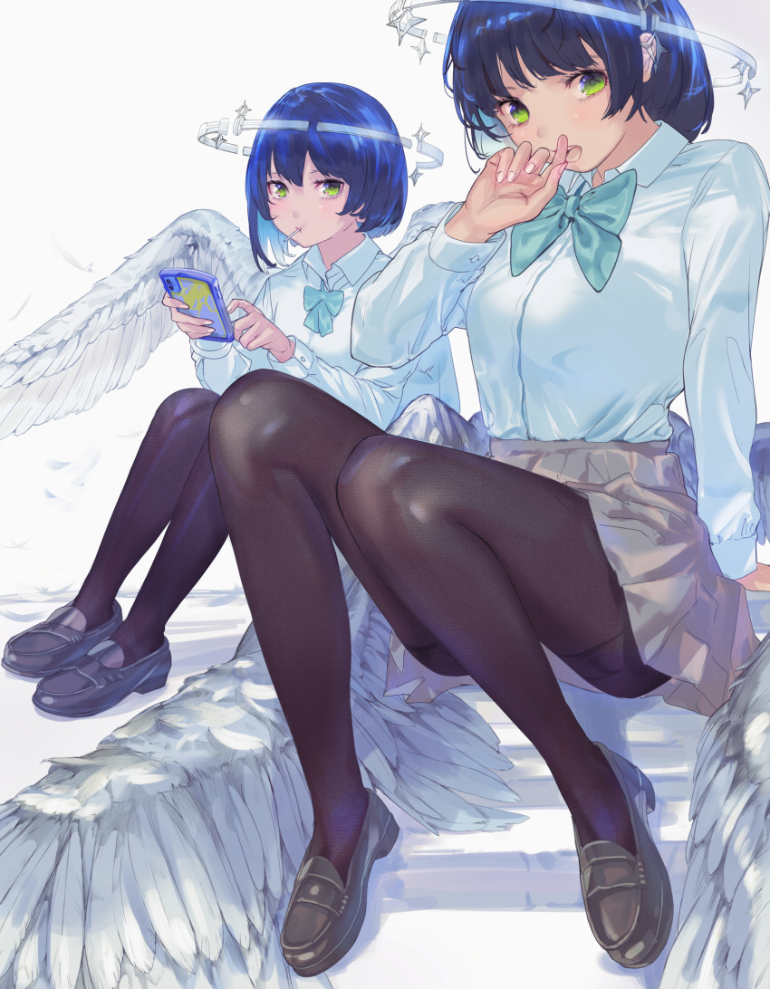 2girls absurdres arm_at_side black_footwear black_hair black_thighhighs blue_bow blue_bowtie blush bob_cut bow bowtie cellphone collared_shirt covering_mouth feathered_wings green_eyes grey_skirt halo highres holding holding_phone knees_together_feet_apart knees_up loafers long_sleeves looking_at_viewer multiple_girls nik_ibi open_mouth original pantyhose phone pleated_skirt school_uniform shirt shoes short_hair sidelocks sitting skirt smartphone thigh-highs thighband_pantyhose white_shirt white_wings wings