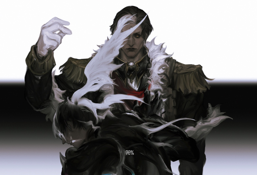 2boys adventurer_(ff14) arm_at_side armor black_background black_coat black_hair breastplate chinese_commentary coat collared_coat commentary_request covered_eyes dark_knight_(final_fantasy) emet-selch epaulettes expressionless final_fantasy final_fantasy_xiv fur-trimmed_coat fur_trim garlean gloves hand_up head_wings hyur long_sleeves looking_at_viewer male_focus mature_male multicolored_hair multiple_boys multiple_wings one_eye_covered parted_lips pauldrons percentage realistic shawnstaw short_hair shoulder_armor sin_eater_(ff14) snapping_fingers standing straight-on third_eye transformation two-tone_background two-tone_hair upper_body warrior_of_light_(ff14) white_background white_gloves white_hair wings yellow_eyes