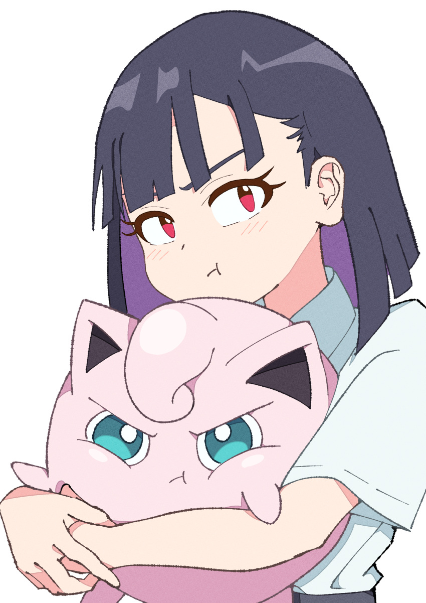 1girl :t absurdres black_hair blunt_bangs blunt_ends bob_cut closed_mouth colored_inner_hair commentary crossover do_it_yourself!! dress_shirt frown green_necktie highres holding holding_pokemon jigglypuff looking_at_viewer multicolored_hair nagumo_uka necktie pokemon pokemon_(creature) purple_hair shirt short_hair short_sleeves simple_background solo standing suride_miku upper_body v-shaped_eyebrows white_background