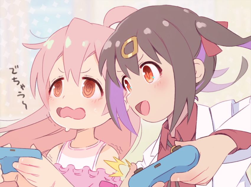 2girls :d @_@ ahoge black_hair brown_eyes colored_inner_hair commentary_request controller game_controller hair_between_eyes hair_ornament hairclip highres holding holding_controller holding_game_controller lab_coat multicolored_hair multiple_girls onii-chan_wa_oshimai! open_mouth oyama_mahiro oyama_mihari picogames_off pink_hair purple_hair red_shirt shirt siblings sisters smile translated trembling two-tone_hair wavy_mouth