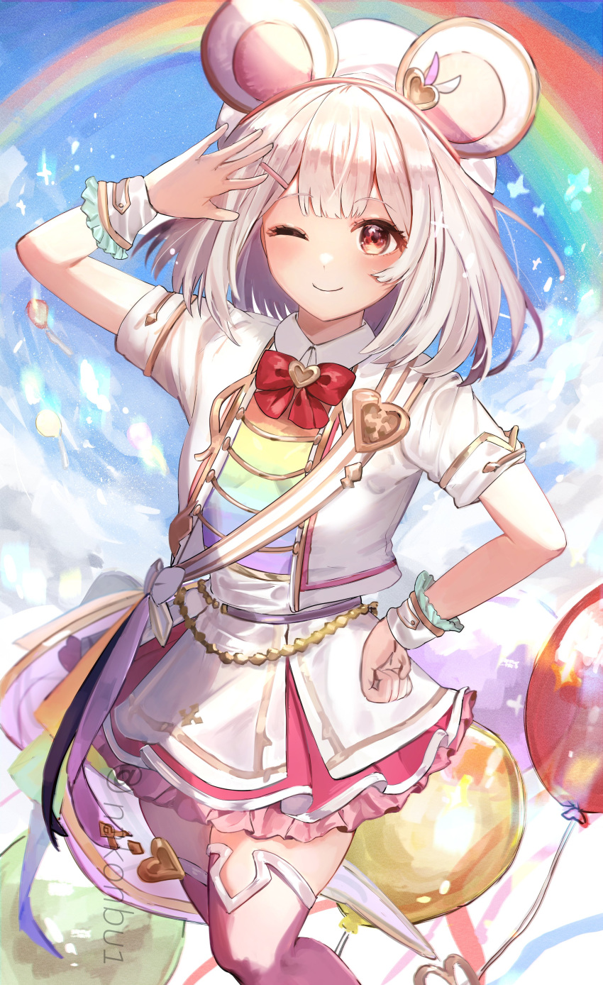 1girl absurdres animal_ears arm_up balloon bow bowtie closed_mouth collared_dress dress fake_animal_ears feet_out_of_frame granblue_fantasy hair_ornament hairband hairclip hand_on_own_hip highres jacket looking_at_viewer mouse_ears nakonbu official_alternate_costume one_eye_closed pink_thighhighs rainbow red_eyes short_dress short_hair short_sleeves smile solo thigh-highs twitter_username vikala_(granblue_fantasy) watermark white_dress white_hair white_jacket wrist_cuffs