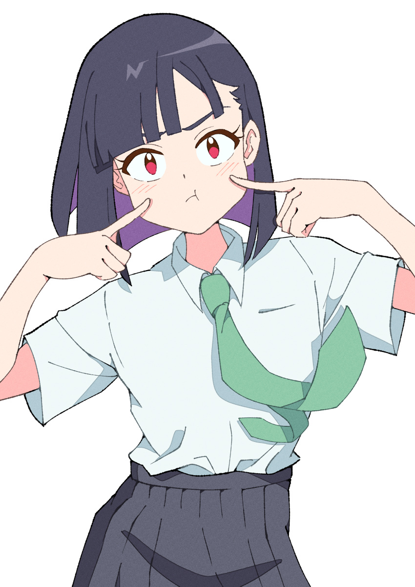 1girl :t absurdres black_hair black_skirt blunt_bangs blunt_ends bob_cut closed_mouth colored_inner_hair commentary do_it_yourself!! dress_shirt frown green_necktie highres looking_at_viewer multicolored_hair nagumo_uka necktie pleated_skirt pointing pointing_at_self purple_hair red_eyes school_uniform shirt short_hair short_sleeves simple_background skirt solo standing suride_miku white_background white_shirt wing_collar