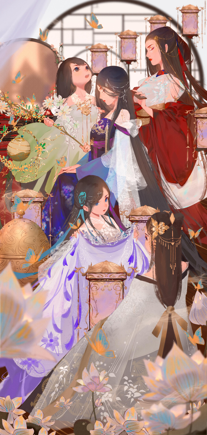 5girls :o absurdres black_eyes black_hair blue_eyes blurry blurry_background blurry_foreground bug butterfly chinese_clothes closed_eyes closed_mouth dress floral_print flower green_dress hair_ornament hanfu highres lantern long_hair long_sleeves lotus moonlight_blade multiple_girls off_shoulder profile purple_dress red_dress red_lips white_dress wide_sleeves yi_er_san