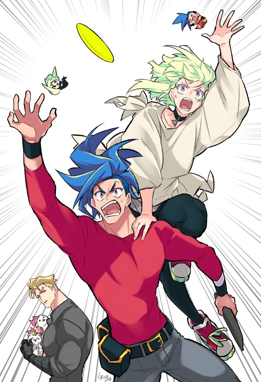 3boys belt belt_buckle belt_pouch blonde_hair blue_hair buckle choker commentary_request galo_thymos green_hair highres kray_foresight lio_fotia long_sleeves male_focus multiple_boys muscular muscular_male open_mouth pants pouch promare red_shirt shirt takatsuki_ichi teeth tongue watermark