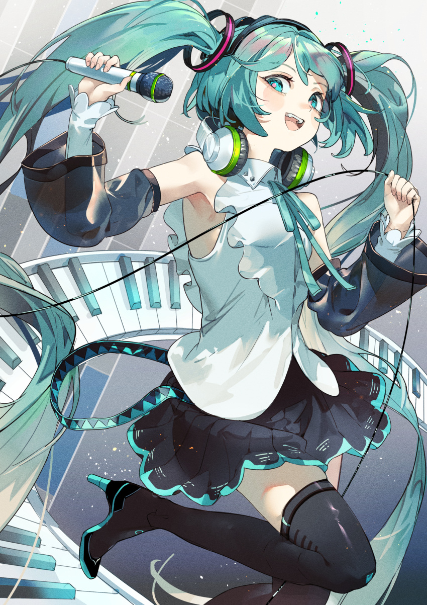 1girl :d absurdres armpit_peek bare_shoulders belt black_skirt black_sleeves black_thighhighs blue_eyes blue_hair blue_ribbon blush boots collared_shirt detached_sleeves floating floating_hair foot_out_of_frame from_side hair_ornament hatsune_miku headphones headphones_around_neck high_heels highres holding holding_microphone knee_up long_hair long_sleeves looking_at_viewer loose_belt microphone miniskirt neck_ribbon nik_ibi open_mouth piano_keys pink_pupils pleated_skirt ribbon shirt sidelocks skirt sleeveless sleeveless_shirt smile solo teeth thigh-highs thigh_boots twintails upper_teeth_only very_long_hair vocaloid white_shirt