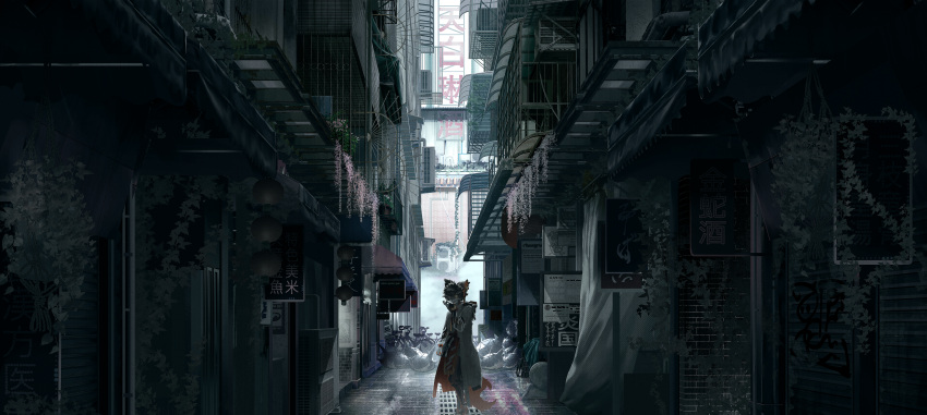 1boy aak_(arknights) air_conditioner alley animal_ears arknights brick_wall canopy_(shelter) chinese_commentary chinese_text city cityscape coat commentary film_grain highres lantern lion_boy lion_ears open_mouth outdoors plant scenery shade sign solo sonna_watashi standing translation_request white_coat yellow_eyes