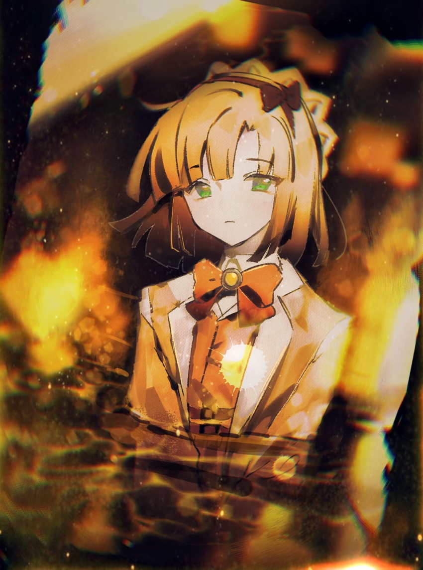 1girl as-zero blonde_hair bow brown_bow brown_hairband chinese_commentary chromatic_aberration closed_mouth collared_shirt commentary_request flat_chest green_eyes hair_bow hairband highres jacket library_of_ruina light_particles neck_ribbon open_clothes open_jacket orange_ribbon orange_vest partially_submerged project_moon ribbon shirt solo tiphereth_a_(project_moon) vest white_shirt yellow_jacket yellow_theme