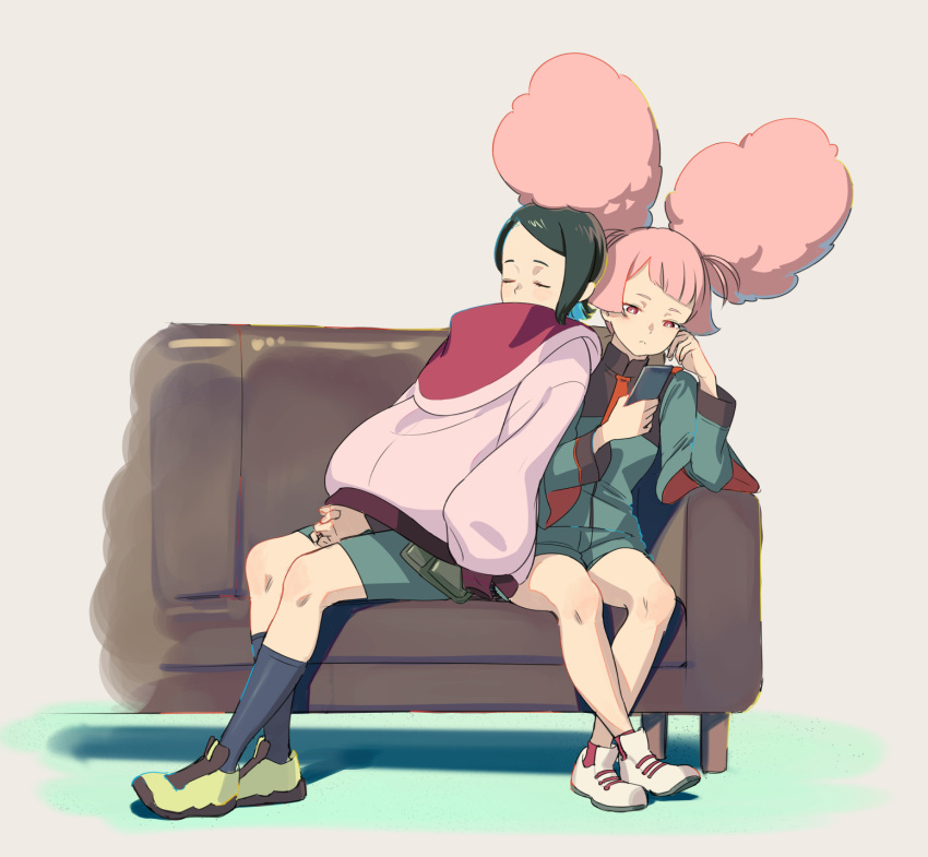 2girls afro_puffs asticassia_school_uniform black_hair black_socks chuatury_panlunch closed_eyes closed_mouth couch full_body green_jacket green_shorts gundam gundam_suisei_no_majo hand_on_own_cheek hand_on_own_face highres holding holding_phone hood hooded_jacket jacket jacket_removed long_sleeves looking_at_phone multiple_girls nika_nanaura on_couch phone pink_eyes pink_hair pink_jacket school_uniform shoes short_hair shorts sitting sleeping socks sun_4x3