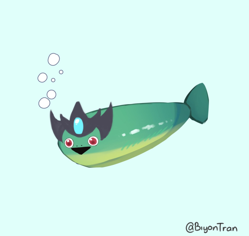:d animal animalization artist_name biyon_tran fish highres league_of_legends nami_(league_of_legends) red_eyes simple_background smile triangle_mouth white_background