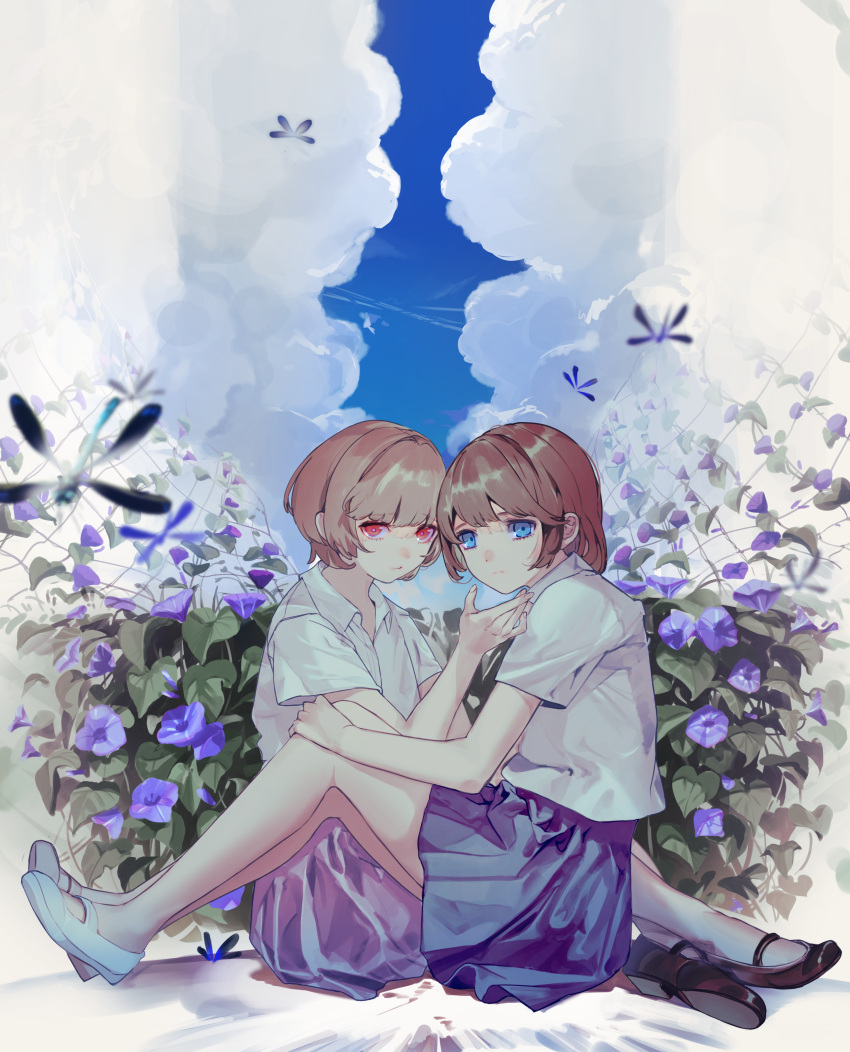 2girls absurdres black_footwear blue_eyes blue_skirt blue_sky blunt_bangs bob_cut brown_hair bug closed_mouth clouds cloudy_sky collared_shirt day dragonfly flower from_side full_body hand_on_another's_chin hand_on_own_knee highres knees_up legs_together long_bangs looking_at_viewer morning_glory multiple_girls nik_ibi no_socks open_collar original outdoors pleated_skirt red_eyes school_uniform shirt shoes short_hair sidelocks sitting skirt sky white_footwear white_shirt