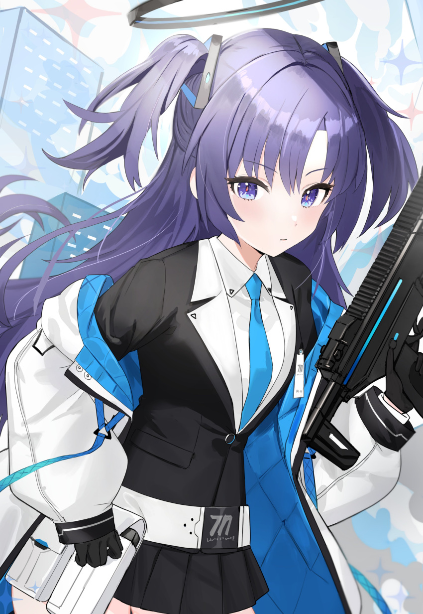 1girl absurdres belt black_jacket black_skirt blue_archive blue_eyes blue_hair blue_necktie blush breasts building closed_mouth coat collared_shirt gun halo highres holding holding_gun holding_weapon jacket long_hair long_sleeves miniskirt nakonbu necktie off_shoulder pocket pouch shirt sig_sauer_mpx skirt small_breasts solo sparkle submachine_gun two_side_up upper_body weapon white_coat white_shirt yuuka_(blue_archive)