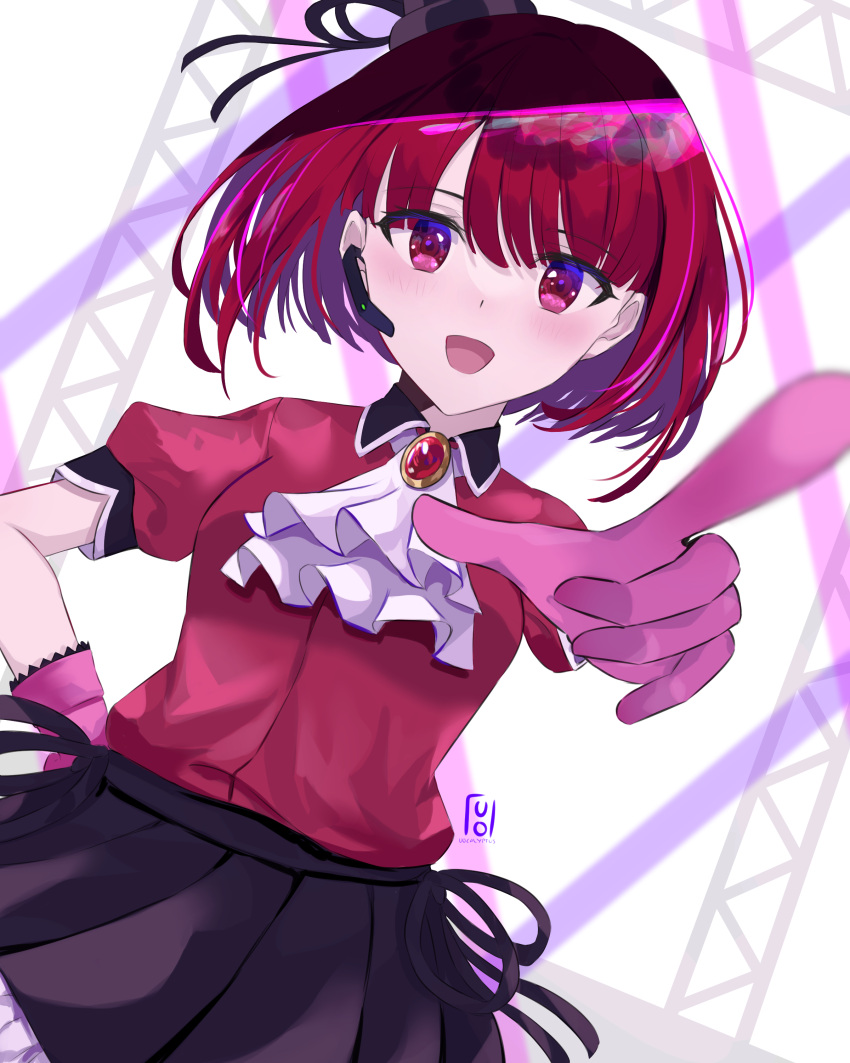 1girl :d absurdres arima_kana ascot black_skirt blurry bob_cut collared_shirt commentary depth_of_field dutch_angle earpiece frilled_skirt frills gloves hair_between_eyes hat highres idol idol_clothes light_blush looking_at_viewer mini_hat open_mouth oshi_no_ko pink_gloves pleated_skirt pointing pointing_at_viewer puffy_short_sleeves puffy_sleeves red_brooch red_eyes red_shirt redhead romaji_commentary shade shirt short_hair short_sleeves skirt smile solo uoca white_ascot