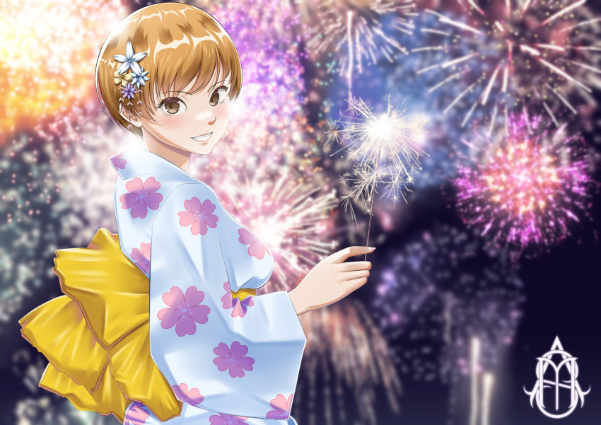 1girl alternate_costume blurry blurry_background blush breasts brown_eyes brown_hair cherry_blossom_print commentary depth_of_field english_commentary fireworks floral_print grey_kimono hair_ornament highres holding holding_fireworks japanese_clothes kimono looking_at_viewer mastersickart medium_breasts night night_sky obi outdoors persona persona_4 sash satonaka_chie shadow short_hair sky solo sparkler teeth upper_body wide_sleeves yellow_sash yukata