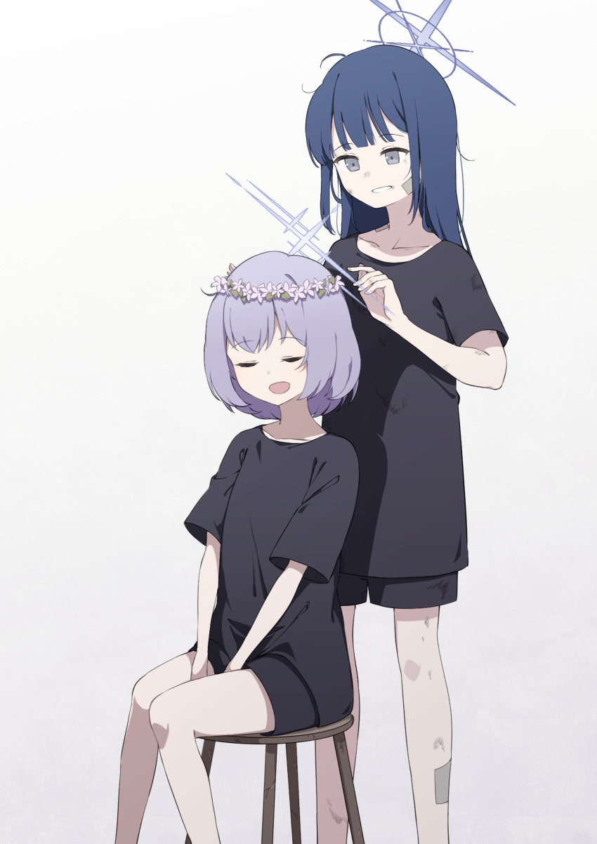 2girls :d absurdres aged_down ao12073010 atsuko_(blue_archive) bandaid bandaid_on_cheek bandaid_on_face black_hair black_shirt black_shorts blue_archive bruise closed_eyes collarbone commentary_request grey_eyes hair_between_eyes halo head_wreath highres injury long_hair looking_at_another multiple_girls official_alternate_costume official_alternate_hairstyle on_stool purple_hair saori_(blue_archive) shirt short_hair short_shorts short_sleeves shorts sidelocks simple_background sitting smile white_background