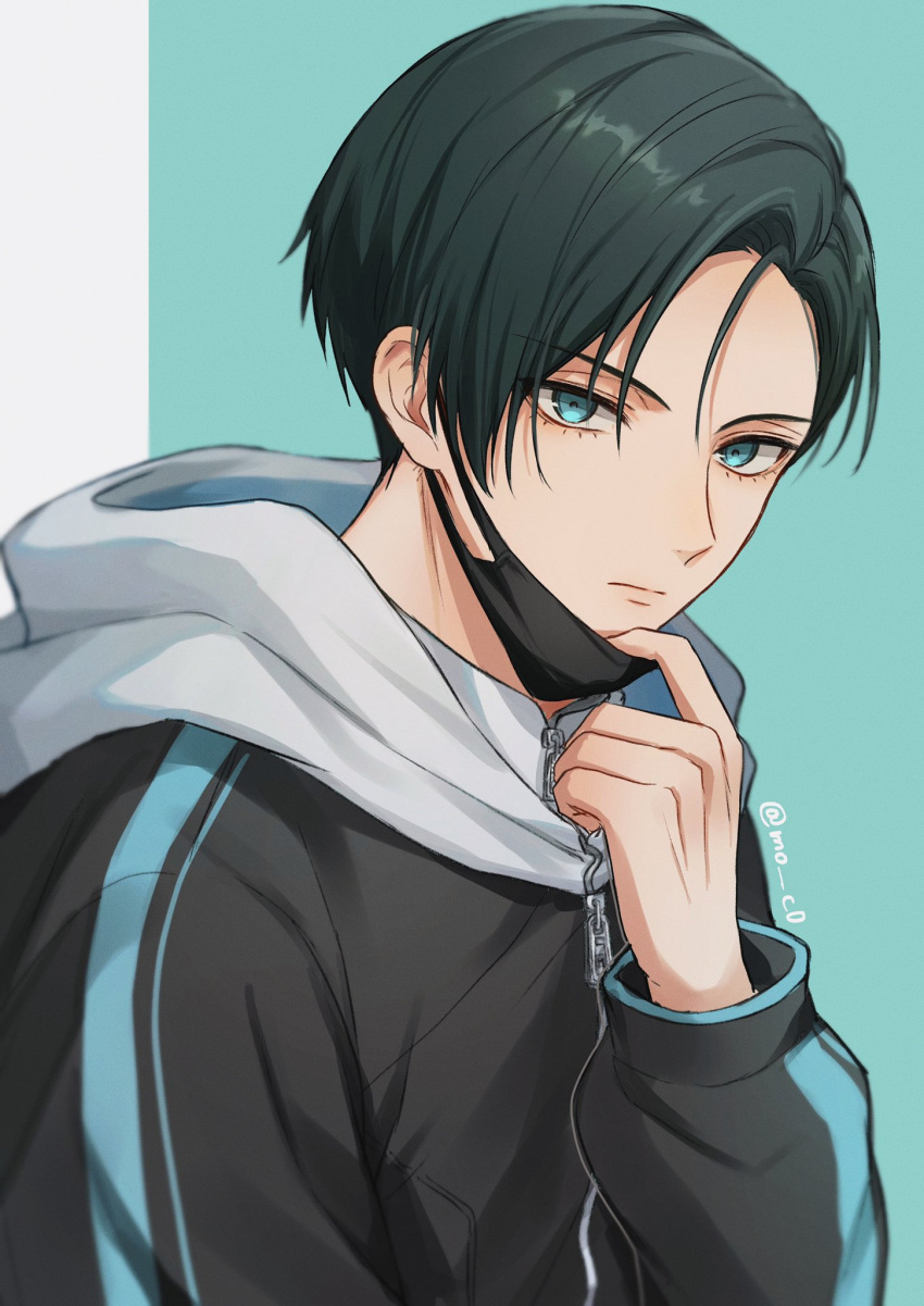 1boy alternate_costume black_mask blue_lock closed_mouth commentary_request facedesk green_eyes green_hair highres hood hood_down hooded_jacket itoshi_rin jacket long_sleeves looking_at_viewer male_focus mask mask_removed moco_(1553561764583079936) parted_hair short_hair solo twitter_username two-tone_background upper_body zipper
