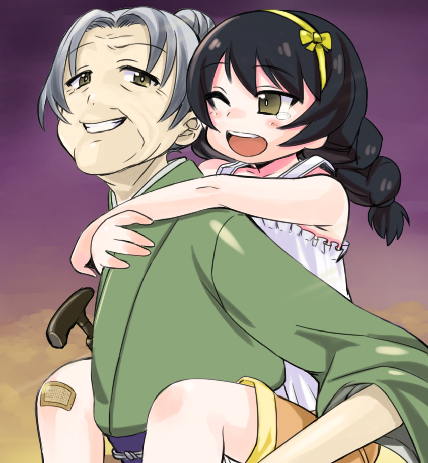 aged_down arms_around_neck bandaid bandaid_on_knee bandaid_on_leg black_hair brown_eyes camisole cane carrying girls_und_panzer grandmother_and_granddaughter green_kimono grey_hair grin hair_bun hair_ribbon highres japanese_clothes kimono long_hair long_sleeves looking_at_another looking_at_viewer nabeyu one_eye_closed open_mouth piggyback reizei_hisako reizei_mako ribbon short_hair shorts smile standing tearing_up white_camisole yellow_ribbon yellow_shorts