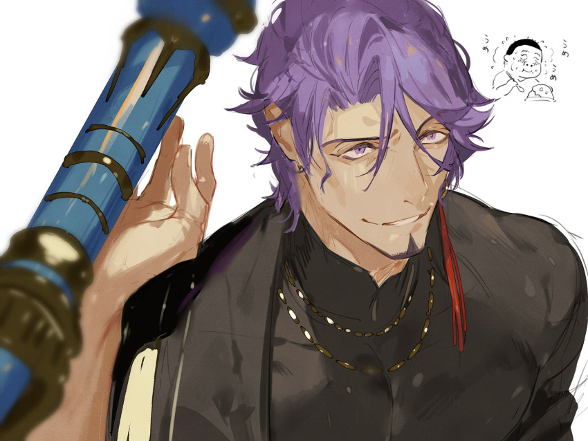black_shirt duryodhana_(fate) earrings facial_hair fate/grand_order fate_(series) goatee holding holding_polearm holding_weapon jewelry looking_up male_focus muscular muscular_male necklace pectorals polearm purple_hair sash semi_(p-poco) shirt short_hair shoulder_sash simple_background single_earring smile upper_body violet_eyes weapon white_background