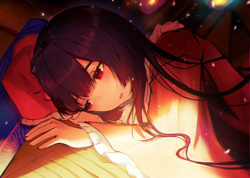 1girl black_hair floor frilled_sleeves frills highres houraisan_kaguya japanese_clothes long_hair long_sleeves lying on_side open_mouth pink_shirt red_eyes rivergod shirt sidelocks solo touhou wide_sleeves