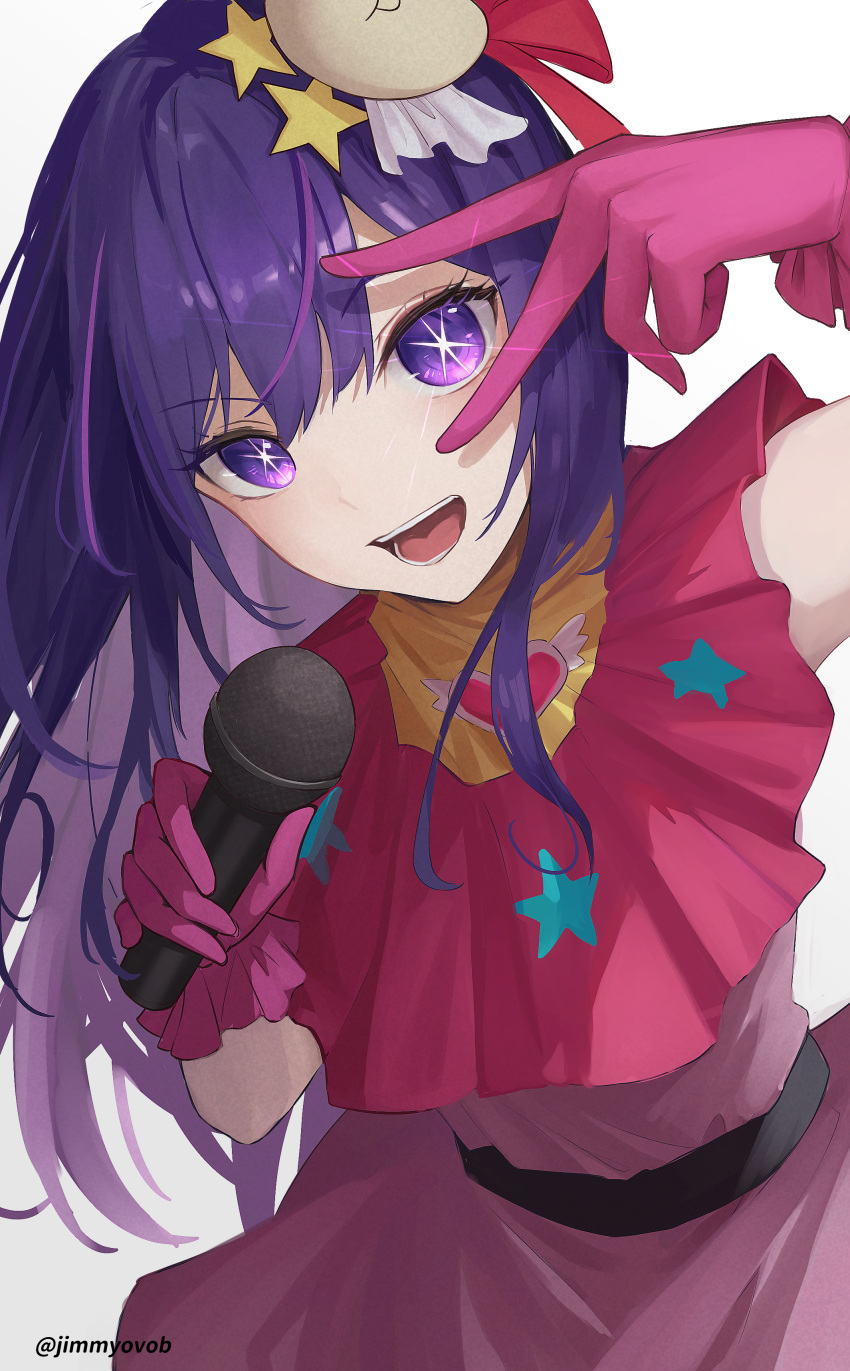 1girl absurdres belt black_belt brooch cowboy_shot dress frilled_dress frilled_gloves frills gloves gmi_(jimmyovob) hair_between_eyes hair_ornament hair_ribbon heart heart_brooch highres holding holding_microphone hoshino_ai_(oshi_no_ko) idol idol_clothes jewelry long_hair looking_at_viewer microphone open_mouth oshi_no_ko pink_dress pink_gloves pink_ribbon purple_hair rabbit_hair_ornament ribbon shadow sidelocks simple_background smile solo star-shaped_pupils star_(symbol) star_hair_ornament symbol-shaped_pupils teeth twitter_username v v_over_eye very_long_hair violet_eyes white_background