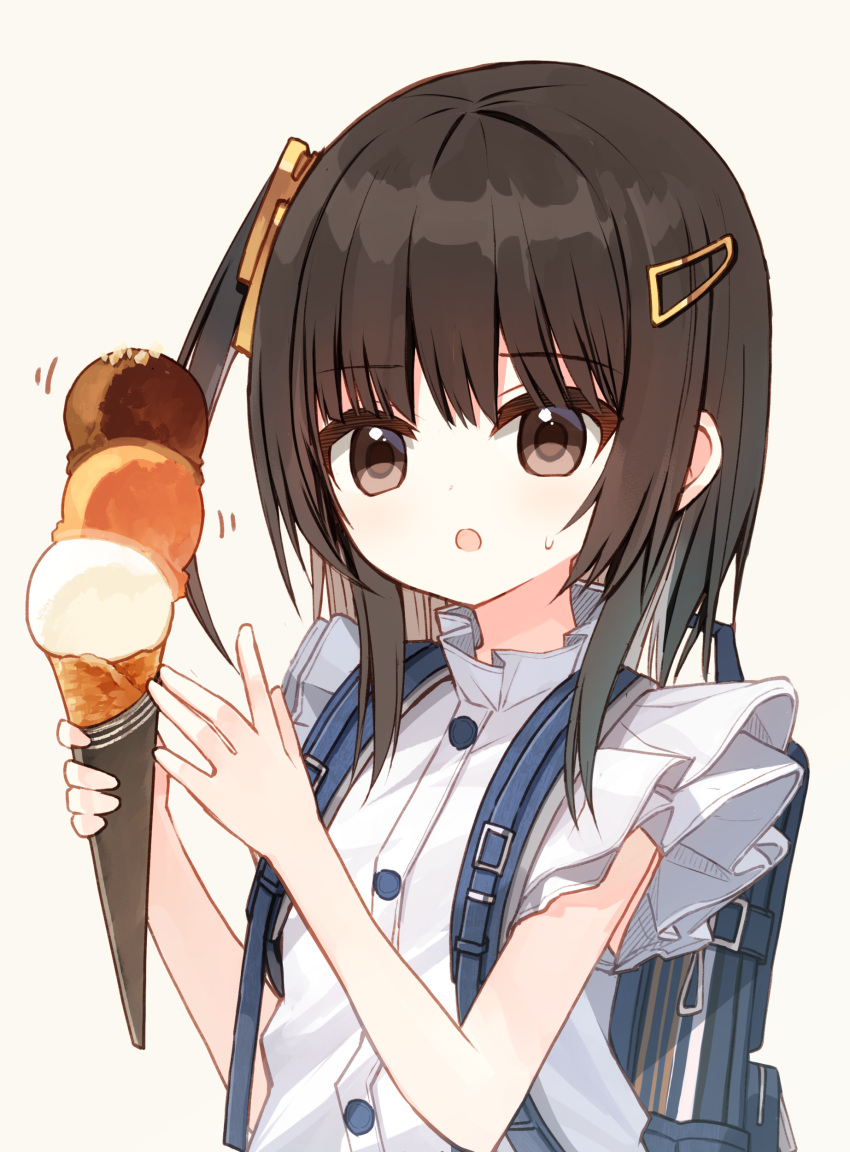 1girl :o absurdres backpack bag bare_arms brown_eyes brown_hair food grey_background hair_ornament hairclip highres holding holding_food ice_cream ice_cream_cone long_hair looking_ahead motion_lines one_side_up original parted_lips shiho_(yuuhagi_(amaretto-no-natsu)) shirt simple_background solo sweat triple_scoop upper_body white_shirt yuuhagi_(amaretto-no-natsu)