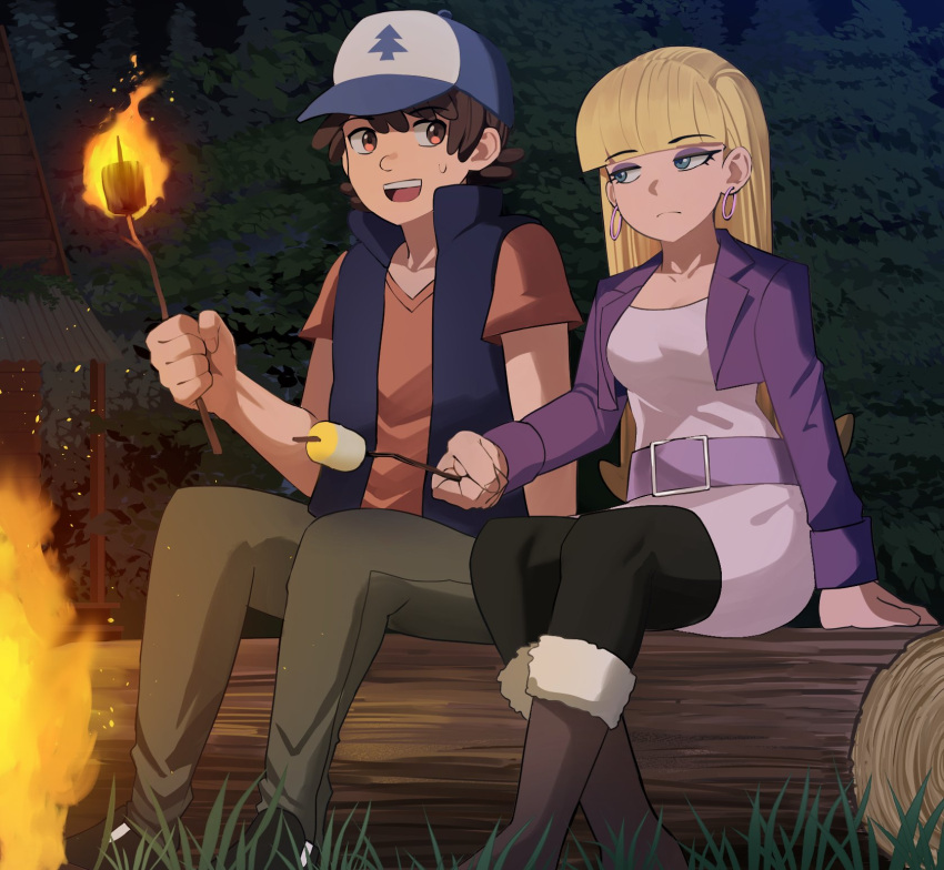 1boy 1girl baseball_cap blonde_hair blue_eyes blunt_bangs boots brown_eyes brown_hair commentary dipper_pines earrings embers english_commentary fire food grass gravity_falls hat highres holding holding_stick jewelry jourd4n log long_hair looking_at_another makeup marshmallow night open_mouth pacifica_northwest pants s'more shirt short_hair side-by-side sideways_glance sitting_on_log stick sweatdrop sweater teeth upper_teeth_only