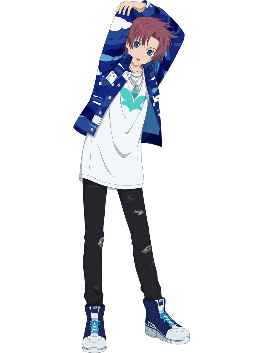1boy :o asbel_lhant black_pants blue_eyes blue_footwear blue_jacket brown_hair denim english_commentary full_body highres jacket jeans jewelry long_sleeves male_focus necklace official_alternate_costume official_art open_clothes open_jacket pants print_shirt shirt shoelaces shoes sneakers solo tales_of_(series) tales_of_asteria tales_of_graces torn_clothes torn_pants transparent_background white_shirt