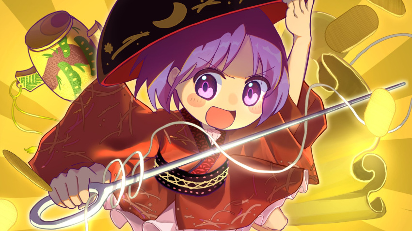 1girl :d black_headwear bowl bowl_hat commentary full_body hangaku_th hat highres japanese_clothes kimono looking_at_viewer miracle_mallet needle_sword open_mouth purple_hair red_kimono sash smile solo sukuna_shinmyoumaru touhou v-shaped_eyebrows violet_eyes yellow_background