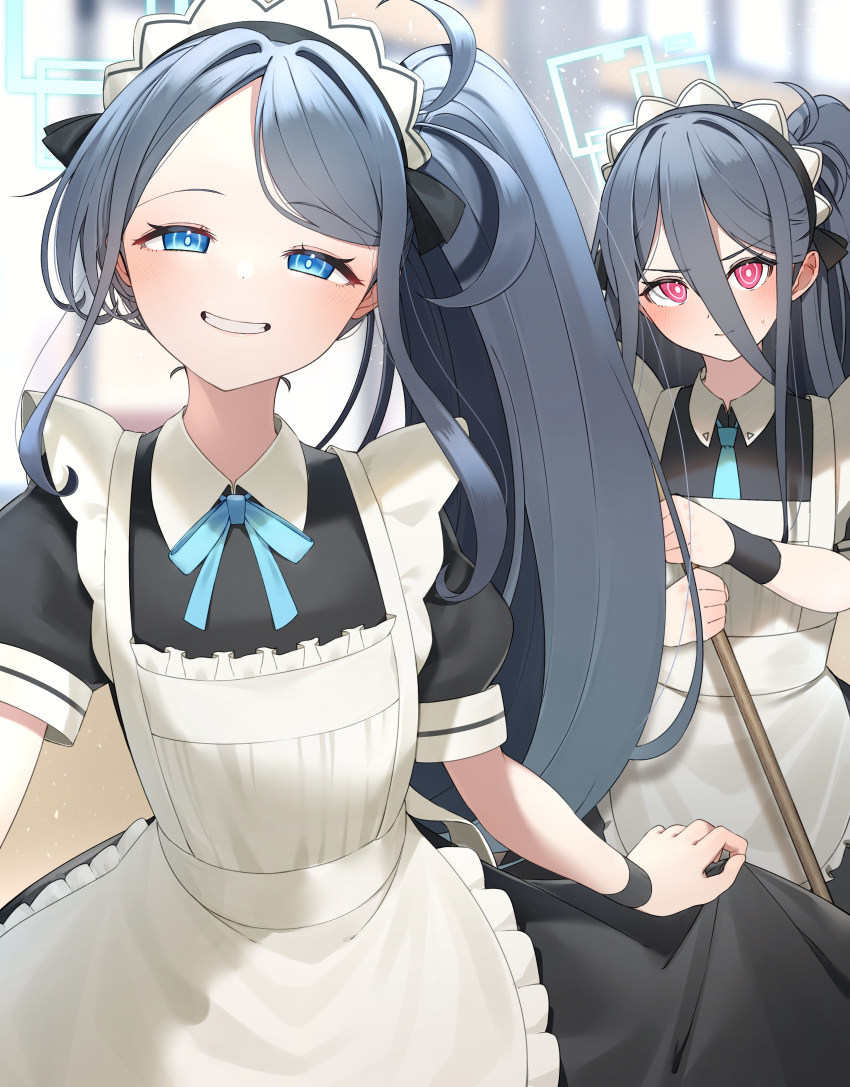&lt;key&gt;_(blue_archive) 2girls absurdly_long_hair absurdres ao12073010 apron aqua_necktie aqua_ribbon aris_(blue_archive) aris_(maid)_(blue_archive) black_dress blue_archive blue_eyes blurry blurry_background blush commentary_request dress ear_blush forehead grin hair_between_eyes halo highres long_hair looking_at_viewer maid maid_headdress multiple_girls neck_ribbon necktie official_alternate_costume official_alternate_hairstyle one_side_up parted_bangs puffy_short_sleeves puffy_sleeves red_eyes ribbon short_sleeves siblings side_ponytail sidelocks smile sweatdrop swept_bangs twins very_long_hair white_apron wristband