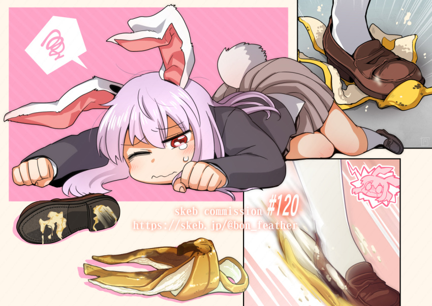 1girl animal_ears banana_peel black_jacket blazer blush bon_(rump) brown_footwear brown_skirt closed_mouth commentary_request commission crying crying_with_eyes_open frown full_body jacket loafers long_hair long_sleeves medium_bangs messy_hair one_eye_closed purple_hair rabbit_ears rabbit_girl rabbit_tail red_eyes reisen_udongein_inaba shirt shoe_soles shoes skeb_commission skirt slipping socks spoken_squiggle squiggle tail tears touhou wavy_mouth white_shirt white_socks