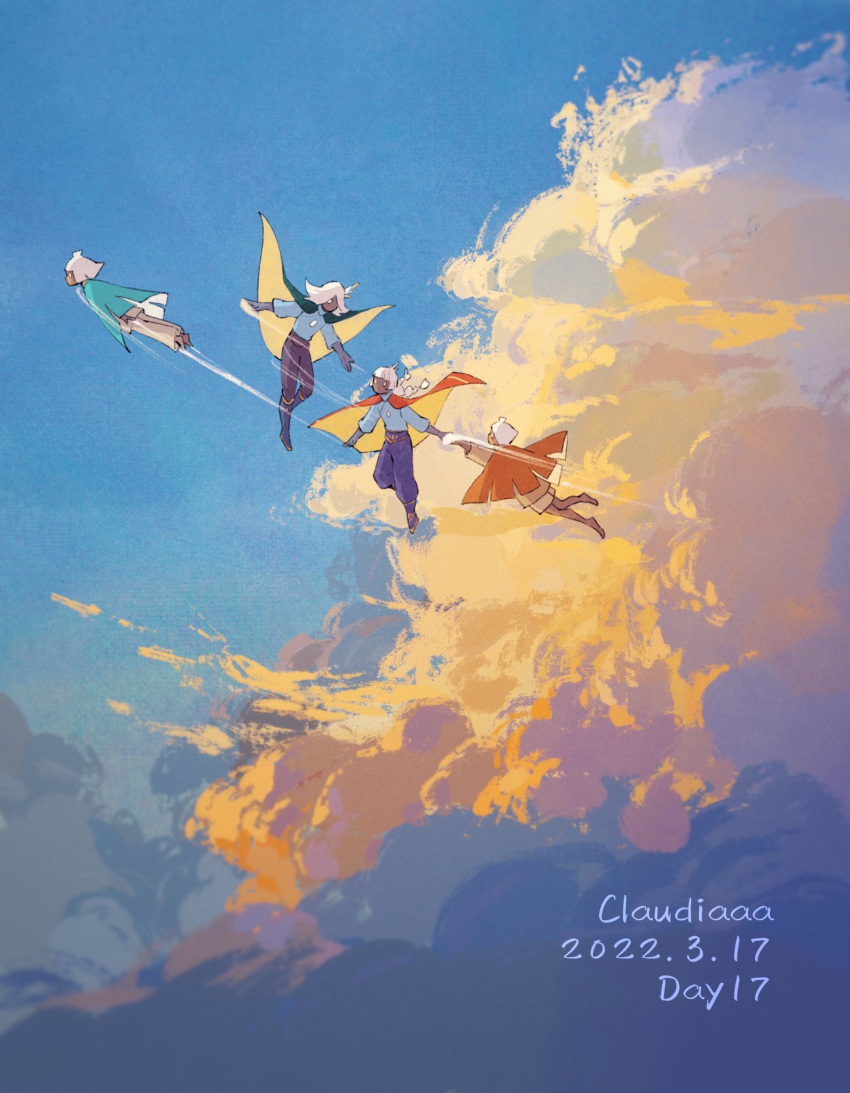 4others above_clouds androgynous claudiaaaacant1 clouds flying highres multiple_others short_hair sky sky:_children_of_the_light white_hair