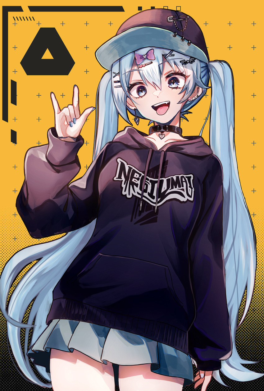 1girl \m/ absurdres baseball_cap blue_eyes blue_hair bow choker clothes_writing collar commentary cowboy_shot ear_piercing earrings fang hair_bow hair_ornament hairclip hat hatsune_miku highres hood hoodie jewelry kuro-ko long_hair long_sleeves looking_at_viewer miniskirt nail_polish open_mouth pendant_choker pierced_hat piercing pleated_skirt safety_pin skirt smile solo symbol-only_commentary tongue tongue_out twintails very_long_hair vocaloid yellow_background