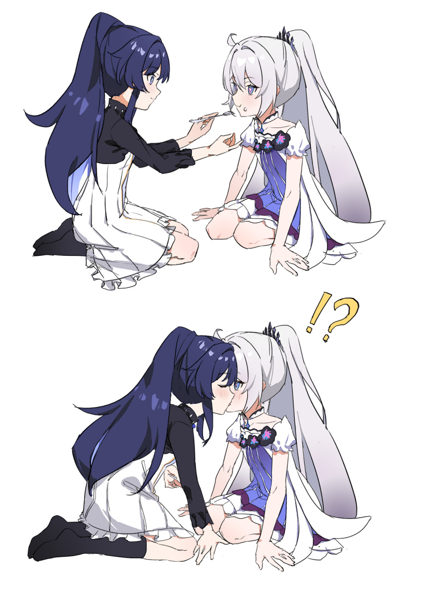 !? 2girls aged_down ahoge arm_support black_hair closed_mouth commentary crown eating hand_on_floor hetare_mizu high_ponytail highres honkai_(series) honkai_impact_3rd kiana_kaslana kiana_kaslana_(herrscher_of_finality) kiss kneeling looking_at_another multiple_girls on_floor raiden_mei raiden_mei_(herrscher_of_origin) shirt simple_background smile symbol-only_commentary white_background white_hair white_shirt yuri