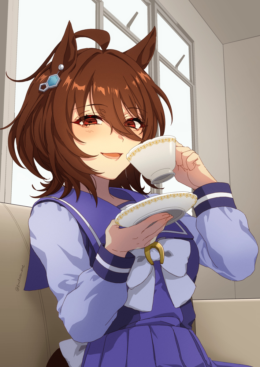 1girl absurdres agnes_tachyon_(umamusume) ahoge animal_ears artist_name blush bow bowtie brown_hair commentary_request couch cup earrings emil1030_blue hair_between_eyes highres holding holding_cup holding_saucer horse_ears horse_girl horse_tail indoors jacket jewelry long_sleeves looking_at_viewer medium_hair open_clothes open_jacket open_mouth purple_shirt red_eyes sailor_collar saucer school_uniform shirt single_earring sitting smile solo tail teacup textless_version tracen_school_uniform twitter_username umamusume upper_body window