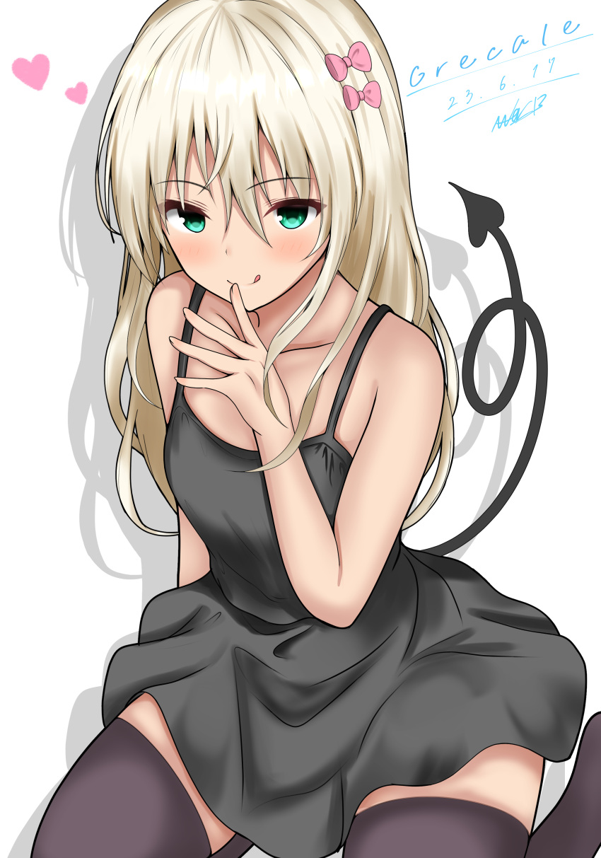 1girl abataa absurdres alternate_costume black_dress black_thighhighs blonde_hair demon_tail dress flat_chest grecale_(kancolle) green_eyes hair_ornament hairclip highres kantai_collection long_hair one-hour_drawing_challenge simple_background solo spaghetti_strap tail thigh-highs tongue tongue_out wavy_hair white_background