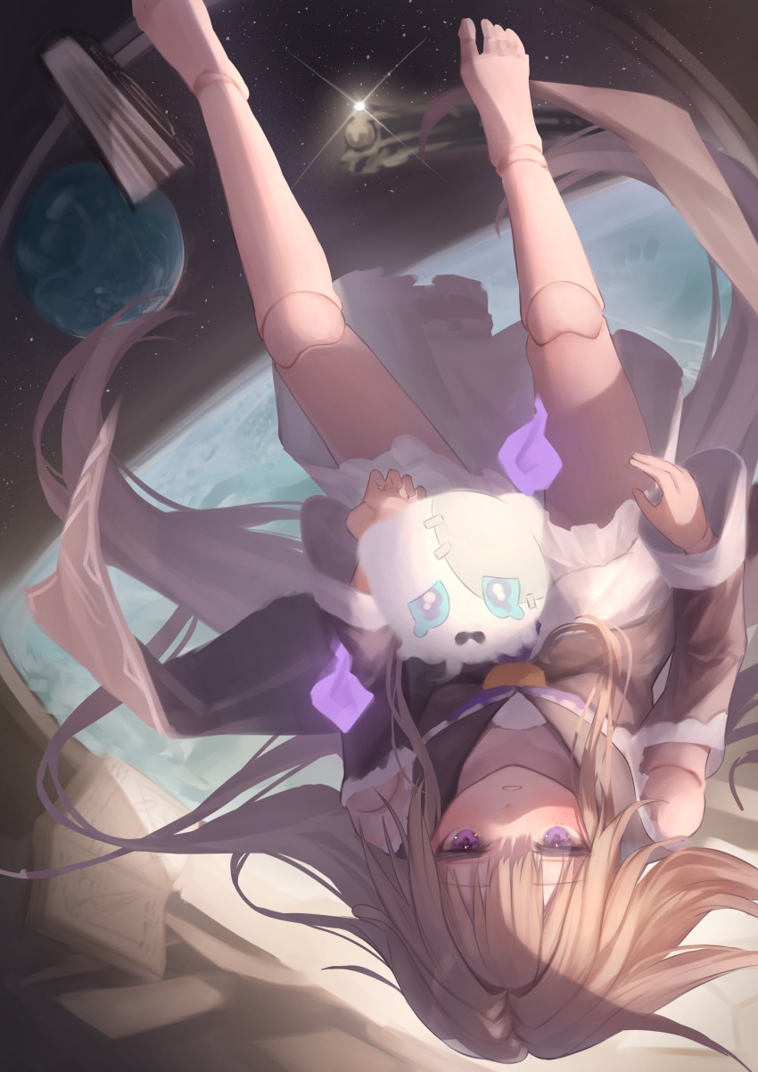 1girl absurdres barefoot book brown_hair doll_joints dress feet floating floating_hair herta_(honkai:_star_rail) highres honkai:_star_rail honkai_(series) joints long_hair long_sleeves planet porthole pulmo_(artist) space train upside-down very_long_hair violet_eyes white_dress