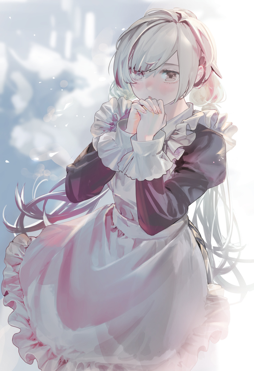 1girl absurdres apron black_dress blush cowboy_shot dress frilled_apron frills grey_eyes grey_hair highres juliet_sleeves long_bangs long_hair long_sleeves looking_at_viewer low-tied_long_hair maid multicolored_hair nik_ibi open_mouth original own_hands_clasped own_hands_together pink_hair puffy_sleeves sidelocks solo streaked_hair white_apron