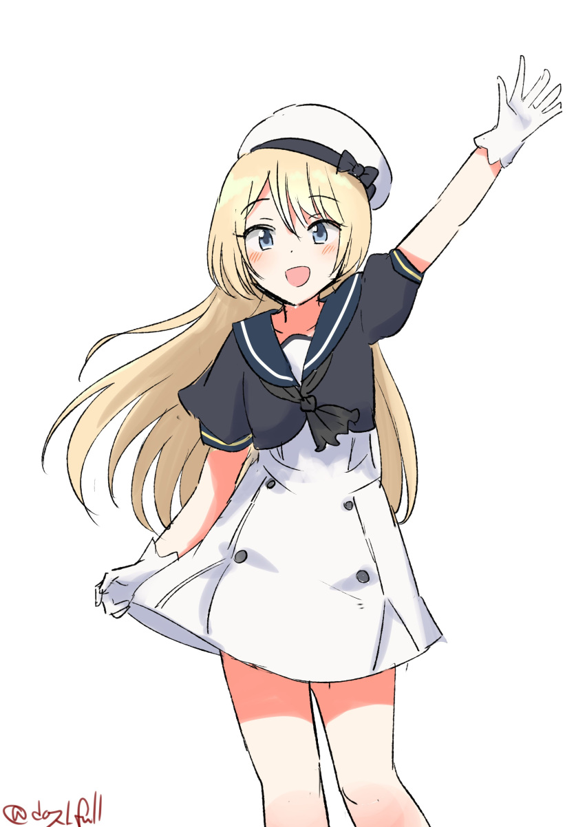 1girl absurdres black_jacket blonde_hair blue_eyes blue_sailor_collar cropped_jacket dress feet_out_of_frame gloves hat highres jacket jervis_(kancolle) kantai_collection looking_at_viewer one-hour_drawing_challenge robinson_(day_l_full) sailor_collar sailor_dress sailor_hat short_sleeves smile solo twitter_username waving white_dress white_gloves white_headwear