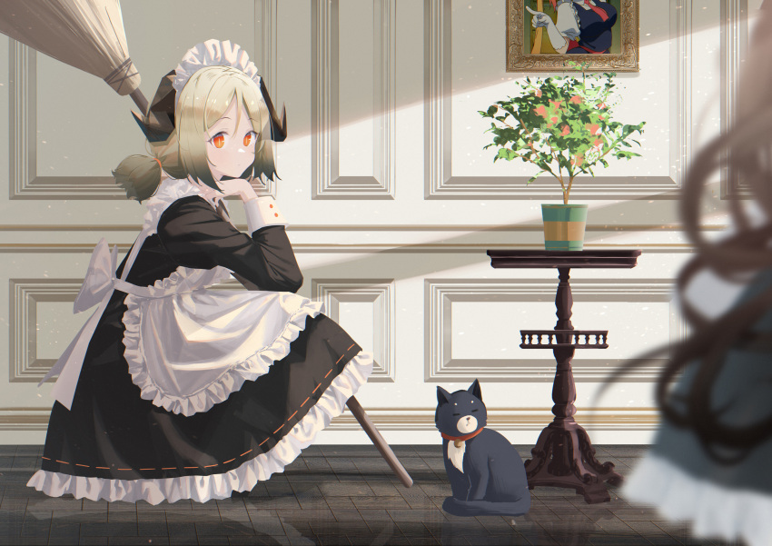 2girls alternate_costume animal apron arknights black_cat black_dress blurry blurry_foreground broom brown_hair cat commentary_request depth_of_field dress enmaided flower frilled_apron frilled_dress frills hand_up highres horns ifrit_(arknights) indoors juliet_sleeves kobayashi-san_chi_no_maidragon long_hair long_sleeves looking_to_the_side low_twintails maid maid_apron maid_headdress multiple_girls orange_eyes plant potted_plant puffy_sleeves red_flower ribbon-trimmed_dress short_twintails sin. solo_focus squatting table tohru_(maidragon) twintails very_long_hair white_apron