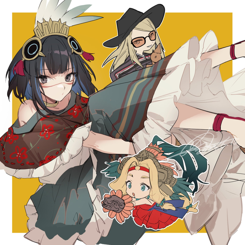 1boy 2girls black_eyes black_hair black_headwear blonde_hair blue_hair brother_and_sister chibi closed_mouth colored_inner_hair commentary_request cowboy_hat dress fate/grand_order fate_(series) feather_hair_ornament feathers forehead green_eyes grin hair_ornament hat highres long_hair looking_at_viewer mexican_clothes mexican_dress mini_person miniboy minigirl multicolored_hair multiple_girls no-kan official_alternate_costume poncho quetzalcoatl_(fate) red_dress short_hair siblings signature size_difference smile tenochtitlan_(fate) tezcatlipoca_(fate) traditional_clothes two-tone_hair