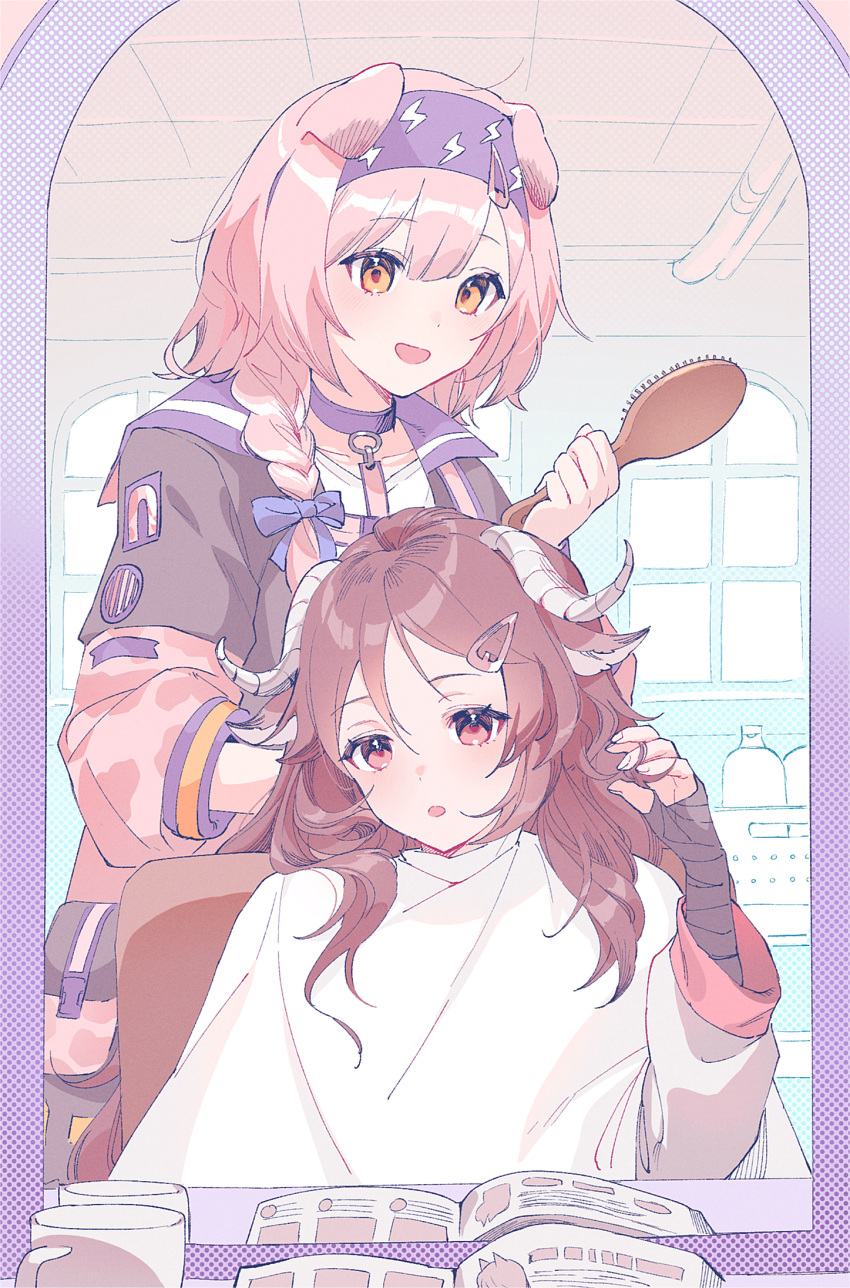 2girls :d animal_ears arknights black_cape blue_bow blue_hairband book bow braid brown_eyes brown_hair brushing_hair cape cat_ears cup eyjafjalla_(arknights) goldenglow_(arknights) hair_between_eyes hair_bow hair_brush hair_ornament hair_over_shoulder hair_salon hairband hairclip hand_up highres holding horns indoors jacket lightning_bolt_print long_hair long_sleeves looking_at_mirror mirror mug multiple_girls open_clothes open_jacket open_mouth orange_eyes oxy_(ho2) parted_bangs parted_lips pink_hair pink_jacket print_hairband puffy_long_sleeves puffy_sleeves red_eyes reflection sheep_ears sheep_girl sheep_horns shirt single_braid smile white_shirt