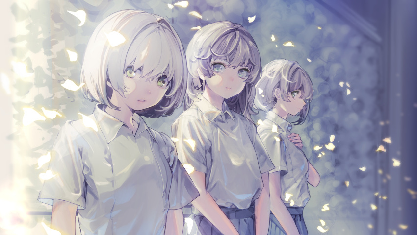 3girls absurdres against_wall blue_eyes blue_skirt bob_cut breasts collared_shirt cowboy_shot falling_petals green_eyes grey_hair hair_between_eyes hand_on_own_chest highres long_bangs looking_at_viewer medium_hair multiple_girls nik_ibi original own_hands_together parted_lips petals pleated_skirt school_uniform shirt short_hair short_sleeves side-by-side sidelocks skirt small_breasts white_shirt wing_collar