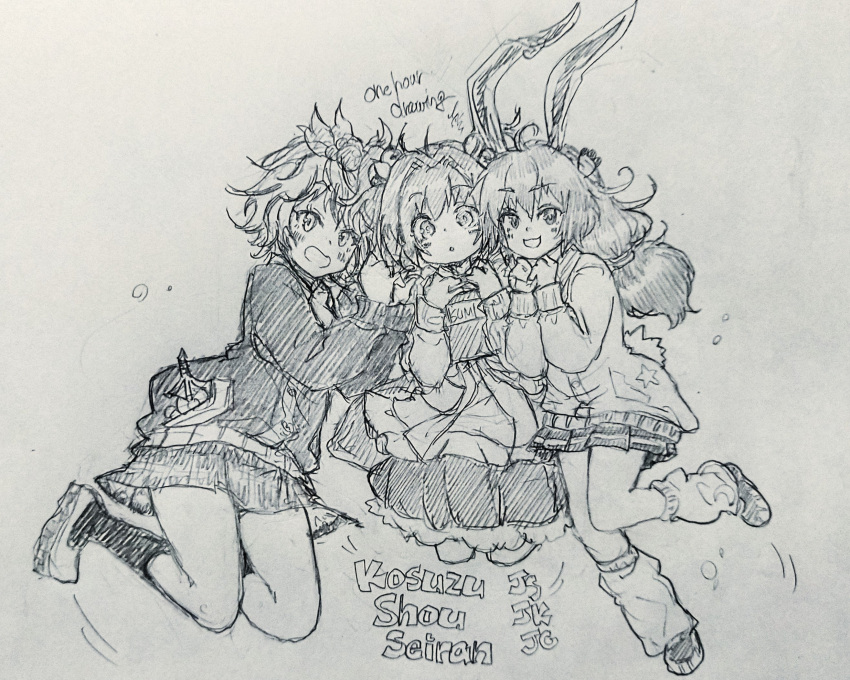 3girls alternate_costume animal_ears bell carbohydrate_(asta4282) commentary_request full_body greyscale hair_bell hair_ornament highres long_sleeves low_twintails monochrome motoori_kosuzu multiple_girls one-hour_drawing_challenge open_mouth rabbit_ears rabbit_tail seiran_(touhou) shoes simple_background smile socks star_(symbol) tail toramaru_shou touhou traditional_media twintails two_side_up