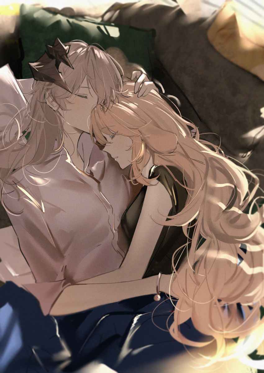 2girls absurdres arknights black_shirt blue_pants blush bracelet breasts brown_hair closed_eyes collared_shirt commentary couch cuddling dutch_angle facing_another from_above grey_hair hair_between_eyes hand_on_another's_back hand_on_another's_head highres horns jewelry joshua_(shisanli934) kirsten_(arknights) long_hair long_sleeves lying multiple_girls on_back pants parted_lips pillow pink_shirt saria_(arknights) shirt sidelocks sleeveless sleeveless_shirt small_breasts yuri