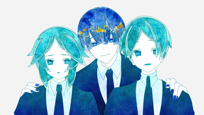 3others alternate_costume androgynous bad_source hand_on_another's_shoulder highres houseki_no_kuni looking_at_viewer multiple_others phosphophyllite shirokuko