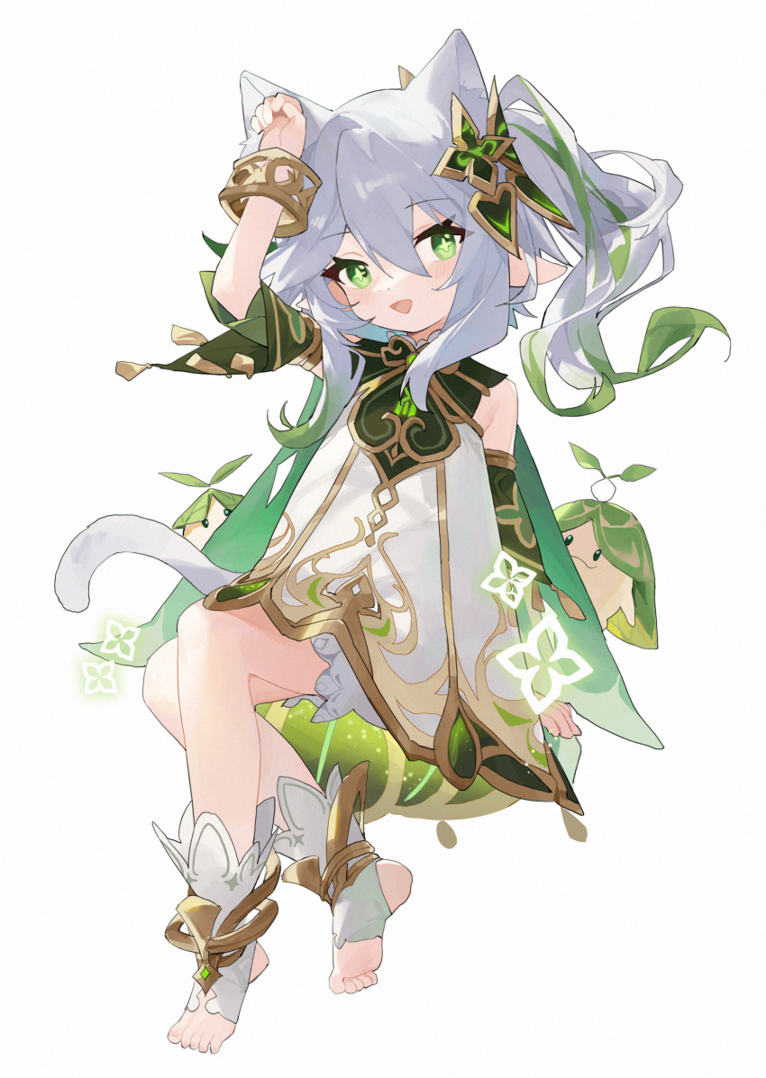 1girl :d animal_ears arm_up bracelet cape cat_ears cat_tail cross-shaped_pupils detached_sleeves diamond_(shape) dress female_child genshin_impact gold_trim green_cape green_eyes hair_ornament highres invisible_chair jewelry long_hair looking_at_viewer measho nahida_(genshin_impact) open_mouth pointy_ears ponytail side_ponytail sidelocks simple_background sitting sleeveless sleeveless_dress smile solo star_(symbol) stirrup_legwear symbol-shaped_pupils tail toeless_footwear toeless_legwear toes white_background white_dress white_footwear white_hair white_tail